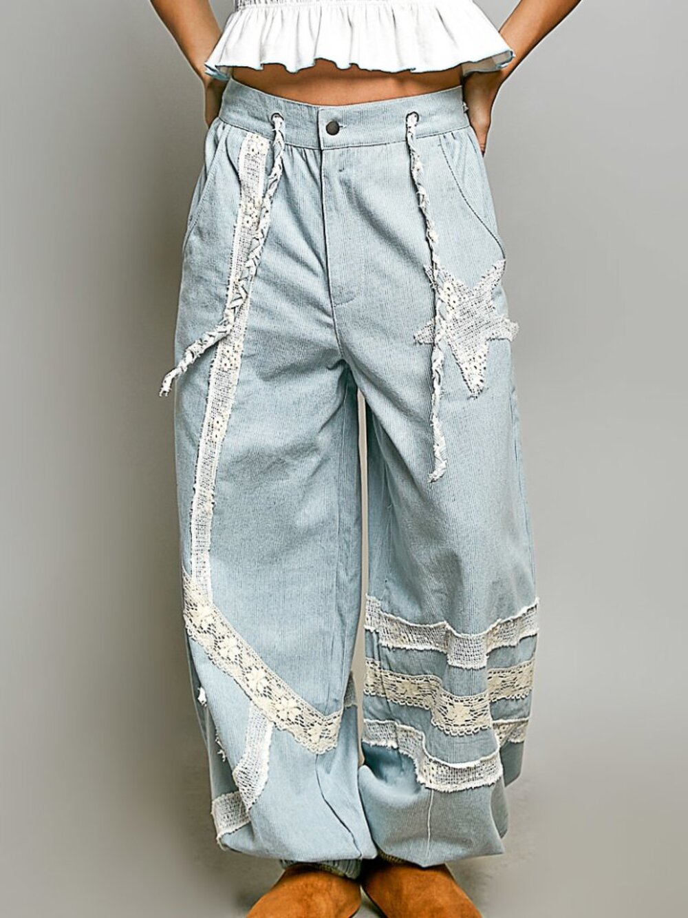 VINTAGE WASH STAR PATCH, LACE TRIM JOGGER BY pol